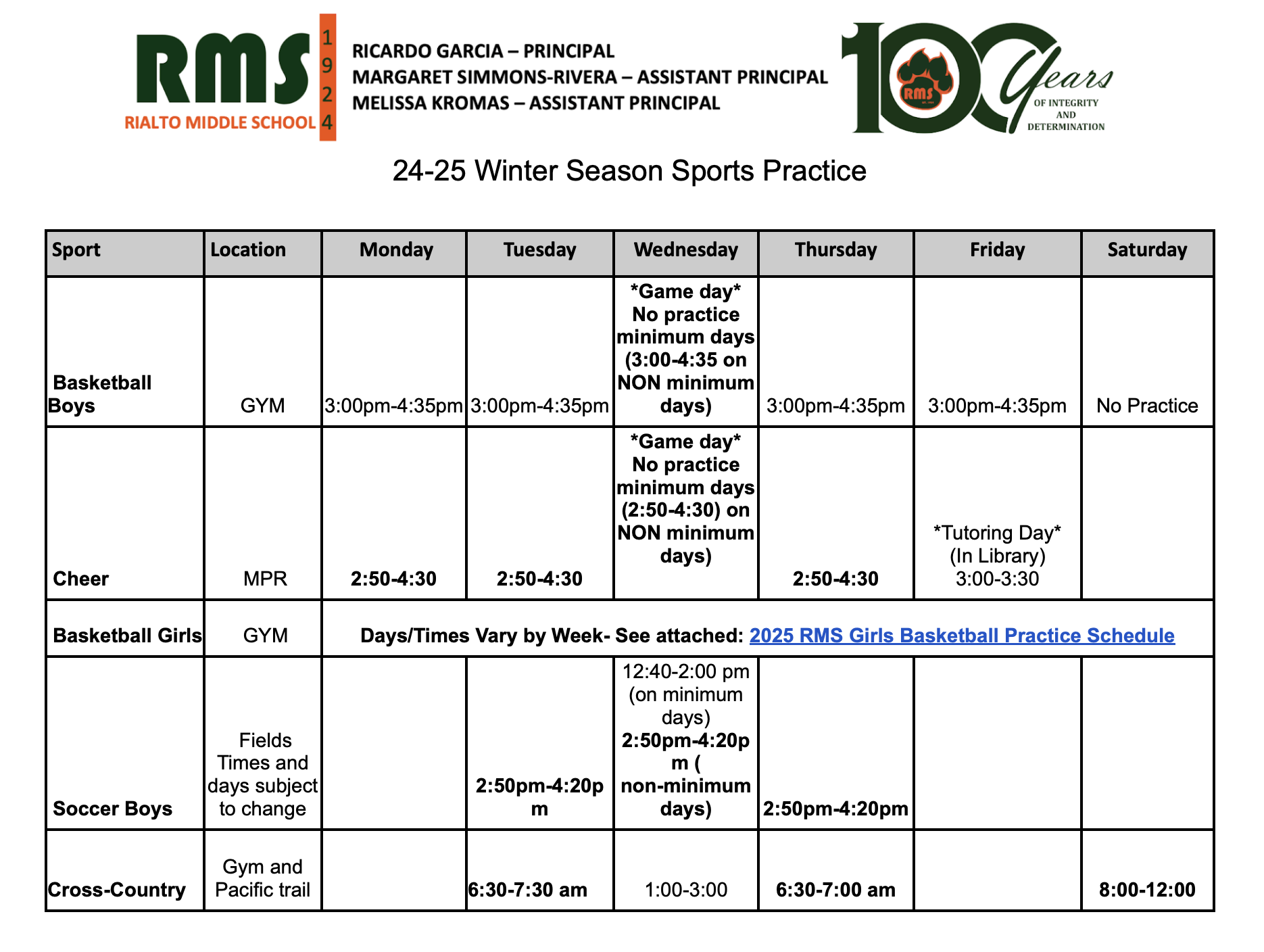 Winter Practice Schedule